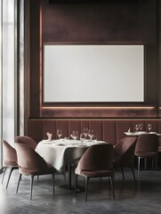 A luxurious fine-dining restaurant with velvet seating, ambient lighting, and a blank white frame.
