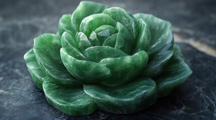 Obraz premium Intricate green jade lotus flower sculpture showcasing delicate craftsmanship and timeless beauty in a serene setting