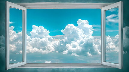Bright white clouds floating in a clear blue sky seen through an open window with a vibrant frame.