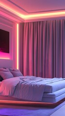 A luxury smart bedroom with automated curtains, mood lighting, and a centered white frame.