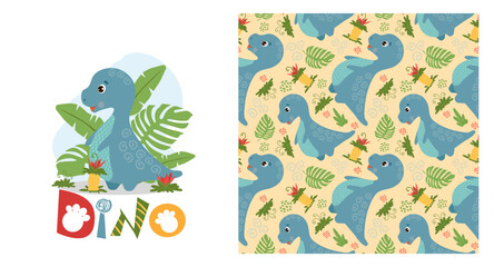 Cute baby pattern with funny dinosaur, kids print, greeting card. Seamless background with prehistoric animals, cute vector texture for baby bedding, fabric, wallpaper, wrapping paper, textile, t