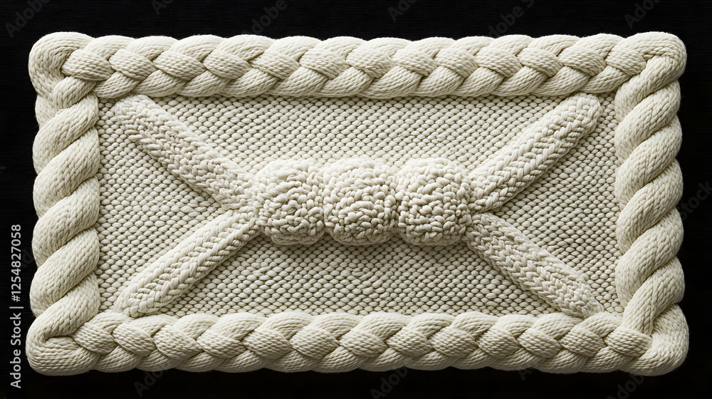 Aufkleber knitted rectangular mat with braided edges and textured central design in neutral color on black bac