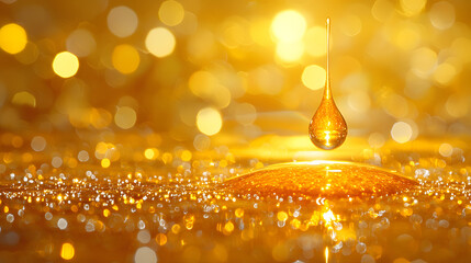 Golden Drops: A single golden droplet hangs suspended in mid-air, about to touch the shimmering surface of a liquid, capturing the essence of luxury, wealth, and pure indulgence.