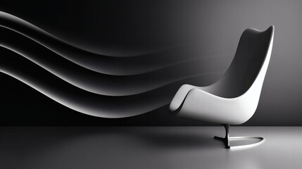 A sleek, modern white chair with flowing lines stands out against a minimalist black and white backdrop