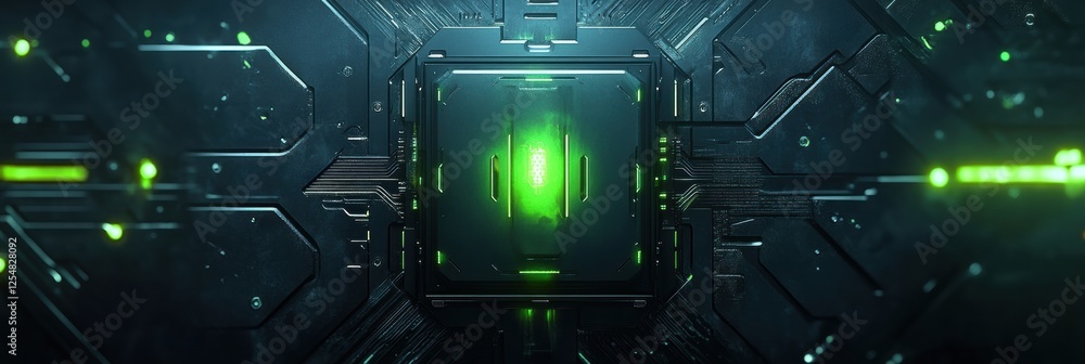 Poster Exploration of a glowing microchip embedded in a futuristic circuit board design with intricate details and vibrant colors. Generative AI