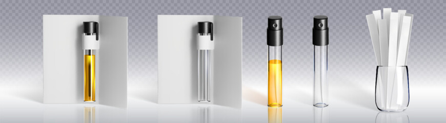 Perfume tester set with glass vials - transparent bottles with yellow fragrance and empty samples with black spray caps. Collection of aroma containers and paper test strips for cosmetic sampling.