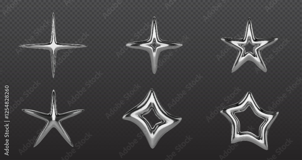 Poster 3d y2k metallic star shapes set - chrome geometric elements in pointed and hollow variations. collec
