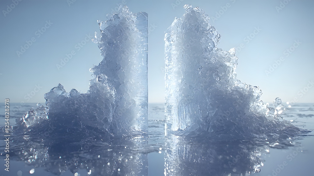 Poster glacial ice formations creating dynamic splashes in a serene, reflective water environment during da