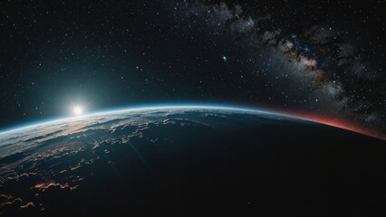 Fototapeta premium Earth's horizon with a brilliant sunrise and Milky Way, showcasing cosmic beauty and serenity