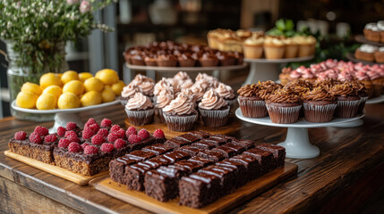 Fototapeta premium Dessert table featuring gluten-free brownies, lemon bars, and cupcakes