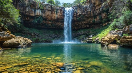Fototapeta na wymiar Waterfall cascading into a tranquil pool, lush greenery backdrop, nature photography, ideal for travel brochures