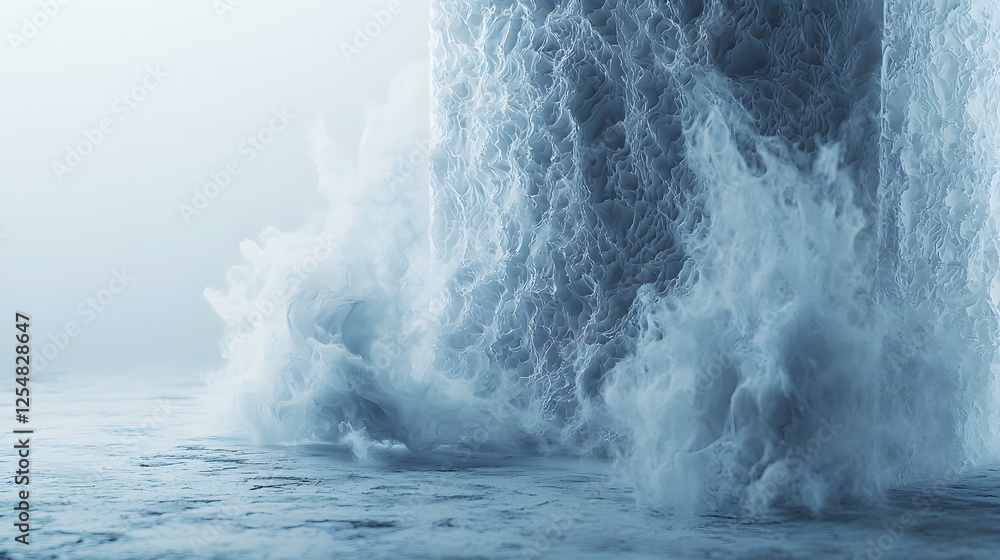 Poster rising waves crashing against a solid structure, creating a misty atmosphere and dynamic water splas