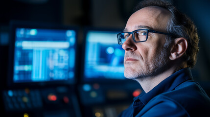 Fototapeta premium Senior Engineer Overseeing Carbon Storage Facility with Digital Controls in Technical Setting