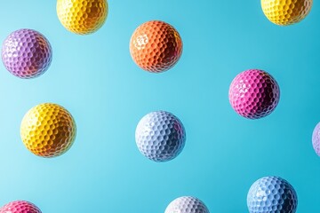 Colorful golf balls float on a blue background. Perfect for sports, leisure, or vibrant design projects.