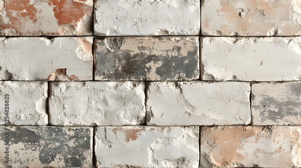 Aufkleber worn white brick wall texture with irregular surface and variations in color and wear patterns.