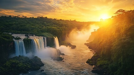 Fototapeta premium Iguazu Falls sunset, lush rainforest, scenic vista, travel