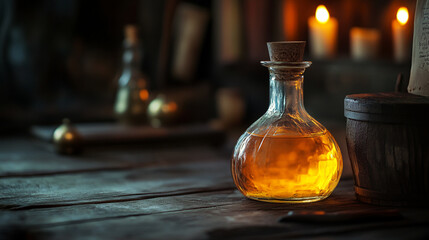 Crafting essence in a dimly lit apothecary with glowing candles