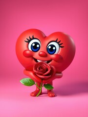 Fototapeta premium Love hearts background, Valentine's Day background, Cute Smiling Heart Holding a Rose, Valentine's Day Concept