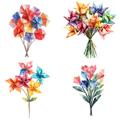 Watercolor origami flowers in a vibrant garden art composition nature background artistic view creative expression