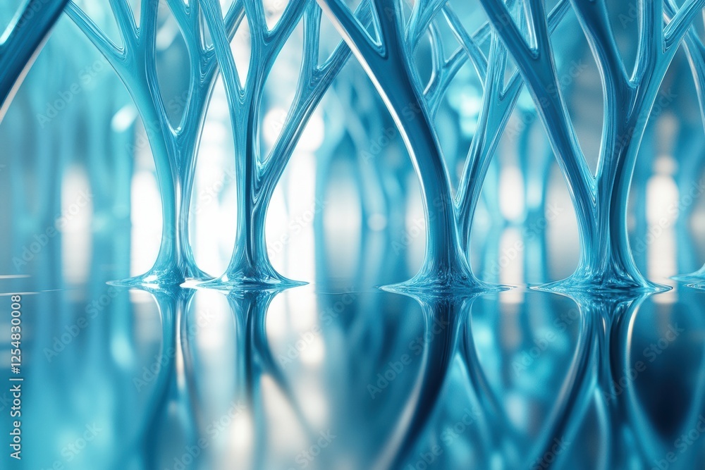 Poster glowing reflections in a surreal glass forest with abstract tree shapes and shimmering light effects