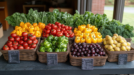 Fresh fruits and vegetables displayed in a farmer market setting with baskets and labels