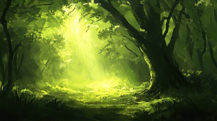 Obraz premium Sun rays piercing through the branches of a dense green forest, creating a magical summer morning glow.