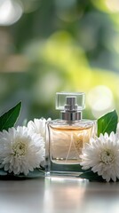 product photography of perfume. a perfume bottle with chrysanthemum flowers