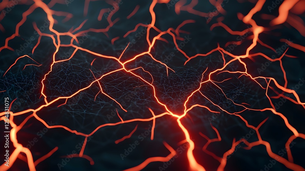 Poster the image shows a dark, textured surface with glowing orange cracks resembling lava or energy flowin