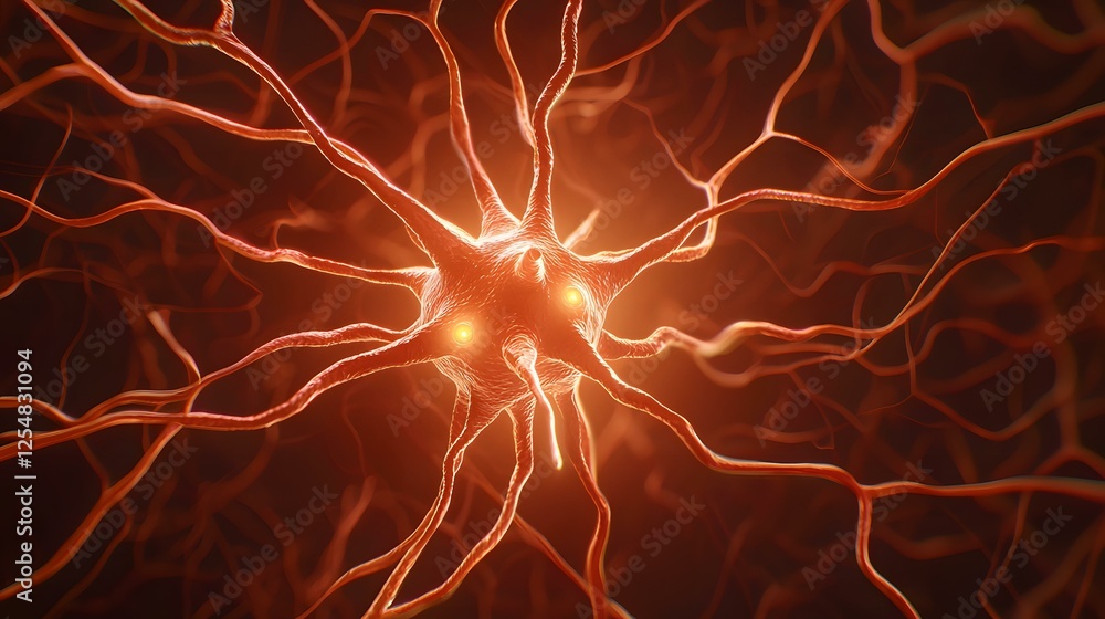 Poster the image shows a detailed close-up of a neuron, its branching dendrites extending outward from a ce