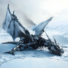 A mechanical dragon carcass, its wings shattered, lying in a frozen tundra.