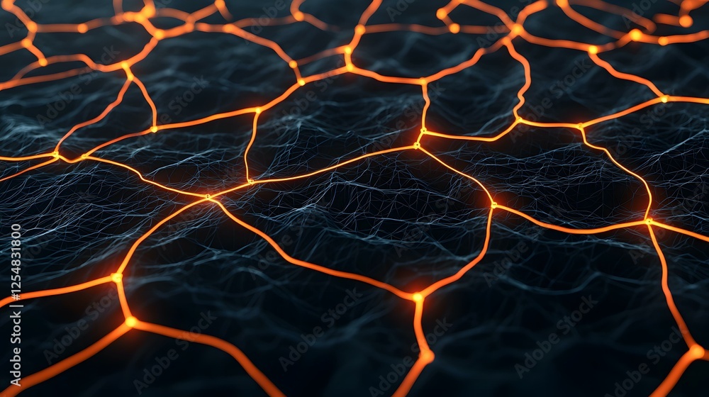 Poster the image shows a dark, abstract network of glowing orange lines connecting nodes across a textured,