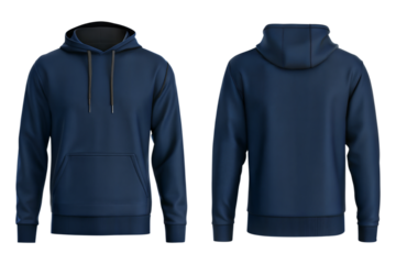 navy blue blank hoodie template from front and back view mockup. Blank hoodie two sides isolated on transparent and white background