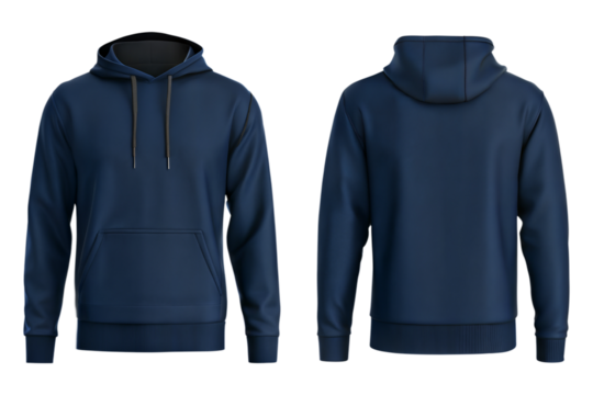 navy blue blank hoodie template from front and back view mockup. Blank hoodie two sides isolated on transparent and white background