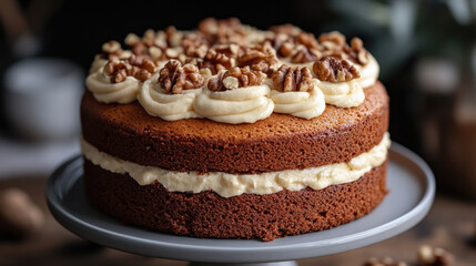 Gluten-free carrot cake topped with cream cheese frosting and walnut pieces