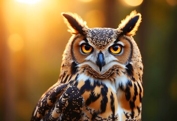 Obraz premium Owl staring at the camera, a large owl found throughout North and South America, with hornlike ear tufts,golden ray of sunset light