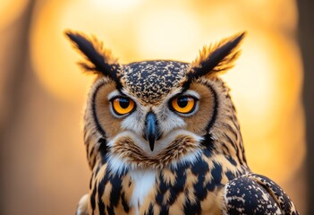 Obraz premium Owl staring at the camera, a large owl found throughout North and South America, with hornlike ear tufts,golden ray of sunset light