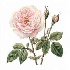 Fototapeta premium Elegant Pink Rose Flower with Buds and Green Leaves on a White Background, Perfect for Floral Designs and Nature Themes