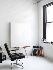 A minimal home studio with white brick walls, a black leather chair, and a blank framed canvas.