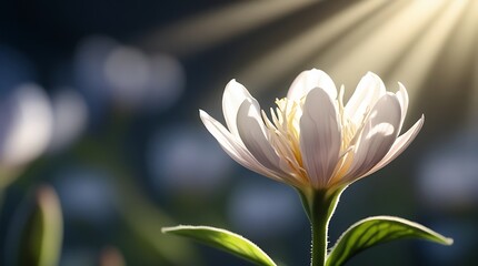 Obraz premium A delicate white flower blooming under golden sunlight, with soft focus and bokeh background, creating a peaceful and serene nature scene symbolizing purity and new beginnings