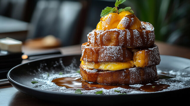 Delicious stacks of French toast topped with fruit and syrup at a modern breakfast spot