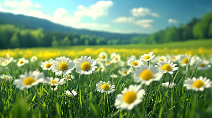 Obraz premium Sunny daisies field, mountain backdrop, spring. Nature scene for calendar
