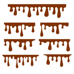 Chocolate dripped. Sweet flowing liquid food with splashes and drops caramel cacao vector realistic pictures. Brown liquid dessert, sweet drip melt