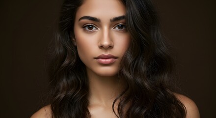 Fototapeta premium Woman Portrait with Wavy Hair and Brown Eyes Beauty and Fashion