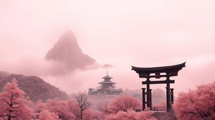 illustration of Japanese mountains covered in mist with temple and torii gate at the top of the mountain, oriental background, textured forest landscape, textured mountain range