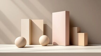 Minimalist geometric composition with abstract pastel-colored blocks arranged in a modern architectural style, featuring soft shadows and a neutral-toned background for aesthetic design

