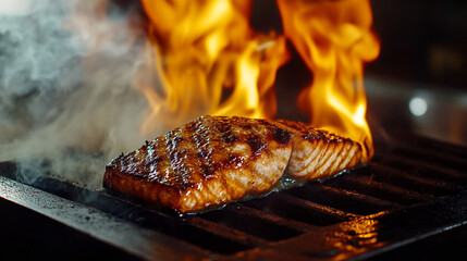 Fototapeta premium Grilling salmon fillet over high heat with flames and smoke creating an intense culinary moment