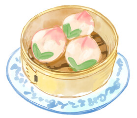 美味しそうな桃まんのリアルな水彩イラスト