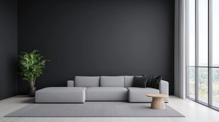 Modern living room interior design, minimalist, empty, with large window, for showcasing furniture