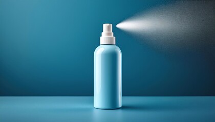 A blue spray bottle is positioned against a teal background, mist gently dispersing from the nozzle.