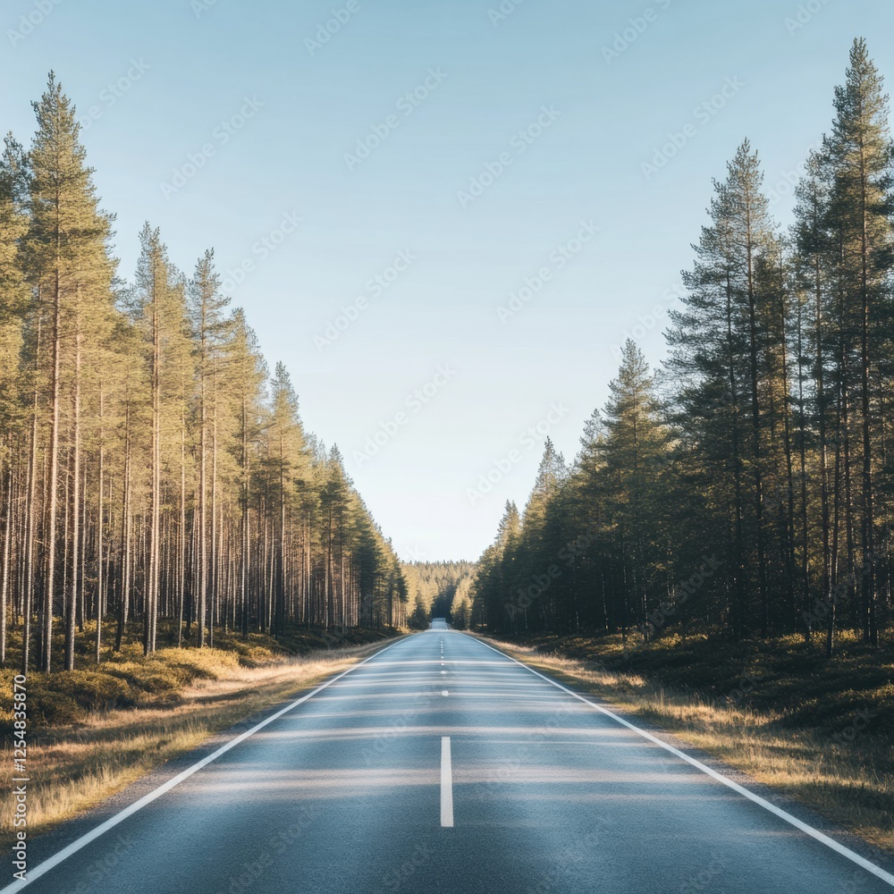 Poster road leads into dense forest with tall trees under clear blue sky during daytime. generative ai